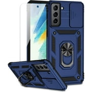 for Samsung Galaxy S21 FE 5G Case with Camera Lens Cover HD Screen Protector, Military-Grade Drop Tested Magnetic Ring Holder Kickstand Protective Phone Case fo