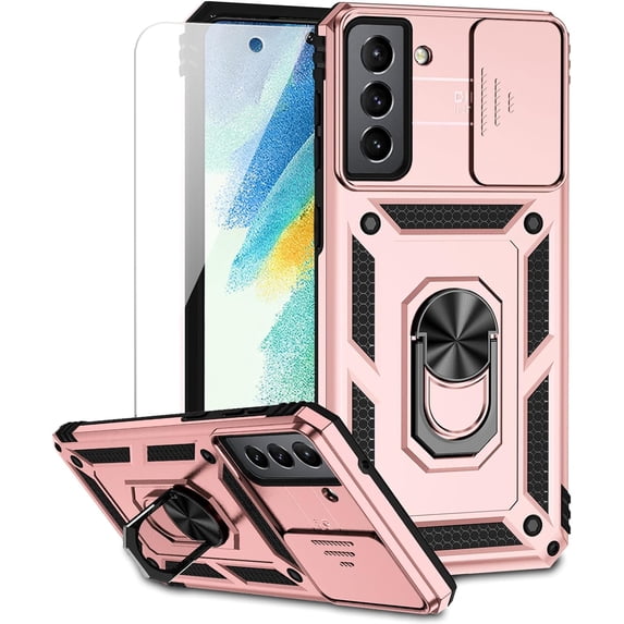 for Samsung Galaxy S21 FE 5G Case with Camera Lens Cover HD Screen Protector, Military-Grade Drop Tested Magnetic Ring Holder Kickstand Protective Phone Case for Samsung Galaxy S21 FE 5G (Rose Gold)