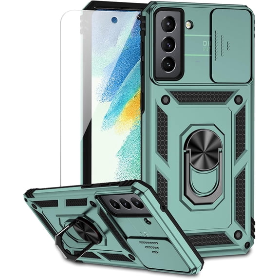 for Samsung Galaxy S21 FE 5G Case with Camera Lens Cover HD Screen Protector, Military-Grade Drop Tested Magnetic Ring Holder Kickstand Protective Phone Case for Samsung Galaxy S21 FE 5G (Dark Green)