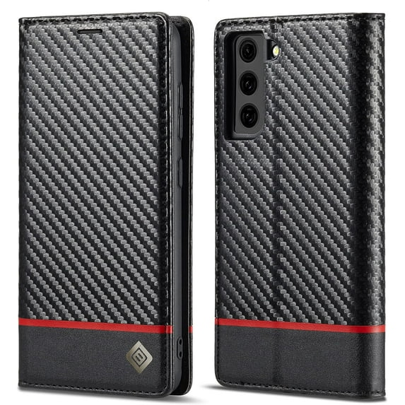 for Samsung Galaxy S21 FE 5G Case, Carbon Fiber Premium PU Leather Ultra Thin Shookproof Anti-Fall Folding Screen Phone case Compatible with Galaxy S21 FE 5G, Horizontal Red Line