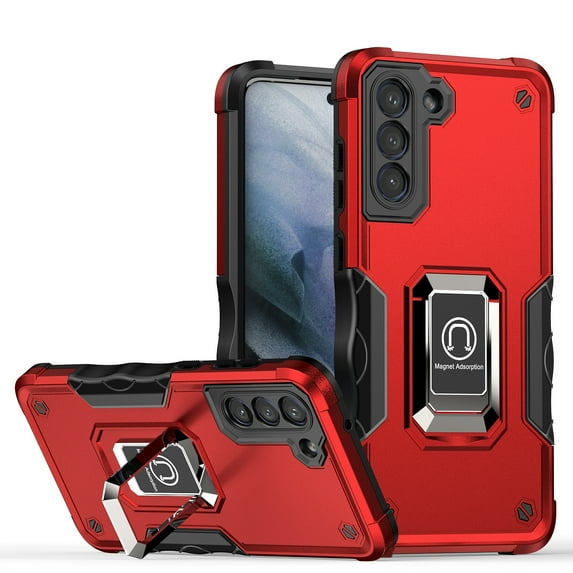 Samsung Galaxy S21 FE 5G Case, Dteck Military Grade Shockproof Case for Samsung S21 FE with Ring Holder Kickstand, TPU Bumper Hard PC Back Dual Layer Design Cover for Galaxy S21 FE 5G, Red