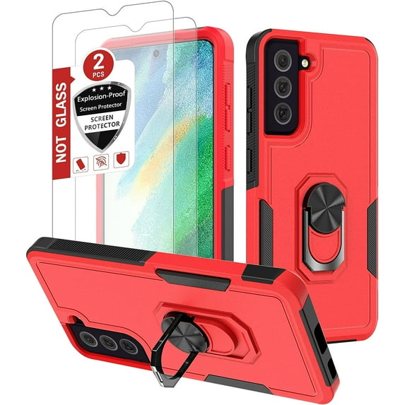 Samsung Galaxy S21 FE 5G Case: Dual Layer Shockproof Magnetic Kickstand Cell Phone Cover Protective with Rugged Ring Holder & (2 Pack) Explosion-Proof flim,Galaxy S21 FE 6.4 inch Red