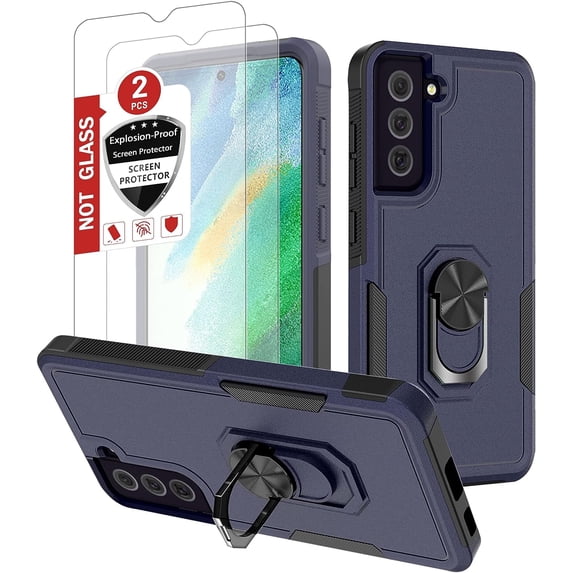 Samsung Galaxy S21 FE 5G Case: Dual Layer Shockproof Magnetic Kickstand Cell Phone Cover Protective with Rugged Ring Holder & (2 Pack) Explosion-Proof flim,Galaxy S21 FE 6.4 inch Blue