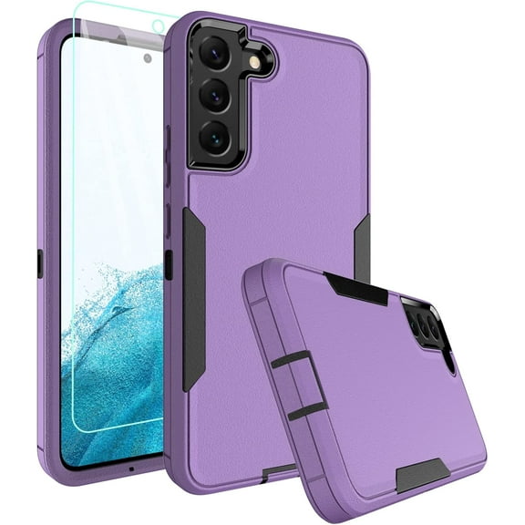 for Samsung Galaxy S21 FE 5G Case, and Glass Screen Protector, Dust Proof Port Cover, Full Body Protection Durable Rubber Cover Phone Case, Black/Purple
