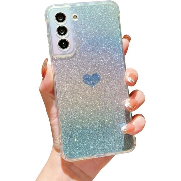 for Samsung Galaxy S21 FE 5G Case Holographic Iridescent, Gradient Bling Glitter Clear Women Phone Case with Camera Lens Cover Soft Shockproof Cute Heart S21 FE 5G Case 6.4" (Blue Heart)