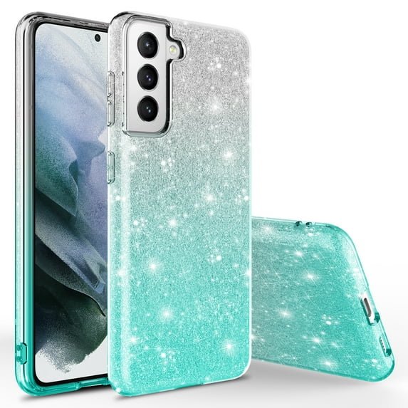Samsung Galaxy S21 FE 5G Case, Rosebono Cute Fashinon Slim Luxury Shinning Sparkle Bling Classy Glitter Sparkle Girl Girly Women Protective Cover for Samsung Galaxy S21 FE 5G (Silver/Teal)