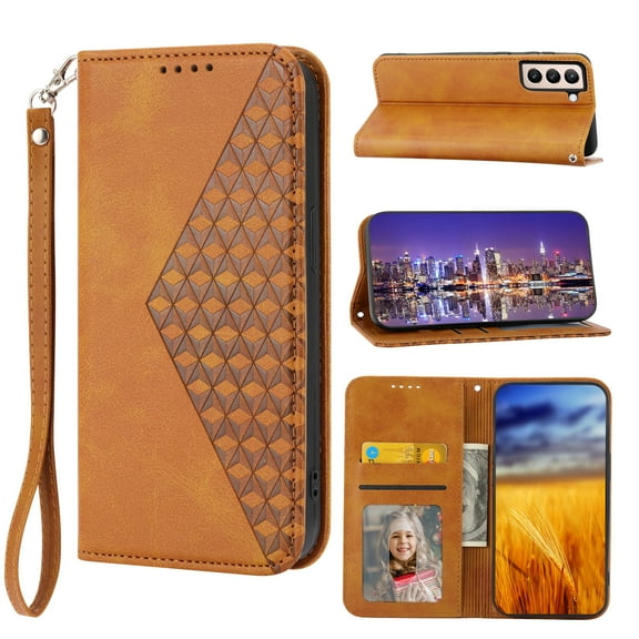 for Samsung Galaxy S21 FE 5G Flip Cover, Luxury PU Leather Shockproof Folding Kickstand Card Holder Pocket Wallet Wrist Strap Handbag Magnetic Phone Case for Samsung S21 FE 6.4 inch, Yellow