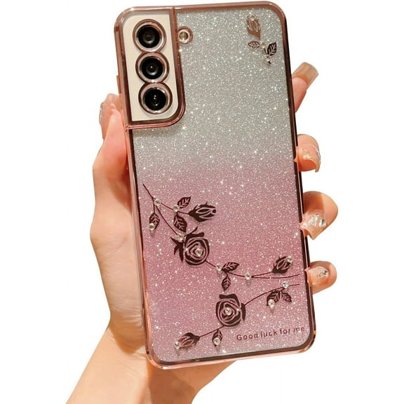 for Samsung Galaxy S21 FE 5G Glitter Clear Case for Women Girls Cute Flower Bling Sparkle S21 FE Case Luxury Plating Full Lens Camera Protection Phone Cover for S21 FE 5G 6.4" (Pink)