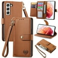 thumbnail image 1 of For Samsung Galaxy S21 FE 5G Leather Phone Case Wallet Zipper Pocket Pouch Folio Flip Cover Kickstand, Multi Anti-theft Card Holder Cash Slot, Double Magnetic Buckle, Wrist Lanyard,Brown, 1 of 11