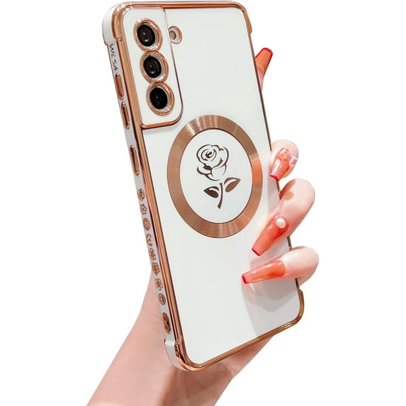 for Samsung Galaxy S21 FE 5G Magnetic Case Compatible with MagSafe Cute Rose Flower Case Luxury Plating Camera Lens Cover Shockproof Soft Bumper S21 FE Case 6.4" for Women Men (White)