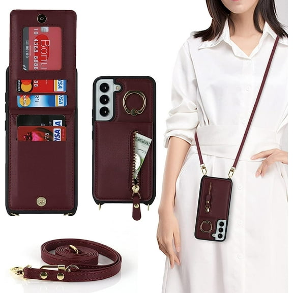 Samsung Galaxy S21 FE 5G Phone Case for Women with Card Holder,Samsung S21 FE Case Wallet Crossbody Lanyard with Strap,Credit Card Slots Kickstand Case with Ring Holder,6.4 Inch,Burgundy