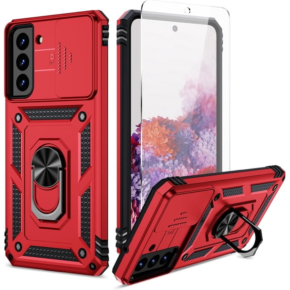 for Samsung Galaxy S21 FE 5G case,Slide Camera Cover HD Screen Protector Grade Non-Slip Shockproof Kickstand Protective for Galaxy S21 FE 5G Case (Carmine)