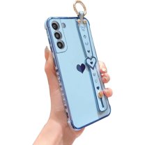 Samsung Galaxy S21 FE 5g Phone Case with Aesthetic Cute Love Heart Adjustable Wrist Strap Kickstand Luxury Plating Side Elegant Heart Cover Soft Silicone Shockproof Stand Holder Bumper (Blue)