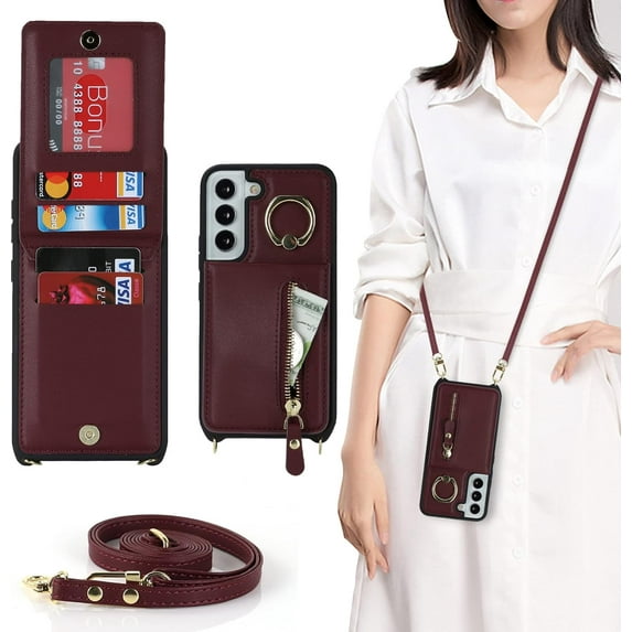 Samsung Galaxy S21 FE Case with Card Holder for Women, Galaxy S21 FE Phone Case Wallet with Strap Credit Card Slots Crossbody with Kickstand Zipper Shockproof Case for S21 FE - Red Wine