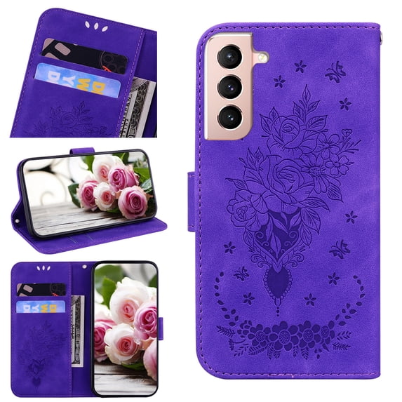 For Samsung Galaxy S21 FE Case Cover, Shockproof Embossed Pattern PU Leather Magnetic Folio Flip Kickstand Protective Cards Pocket Hand Strap Wallet Case Cover For Samsung Galaxy S21 FE,Purple
