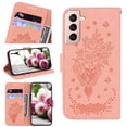 thumbnail image 1 of For Samsung Galaxy S21 FE Case Cover, Shockproof Embossed Pattern PU Leather Magnetic Folio Flip Kickstand Protective Cards Pocket Hand Strap Wallet Case Cover For Samsung Galaxy S21 FE,Pink, 1 of 11