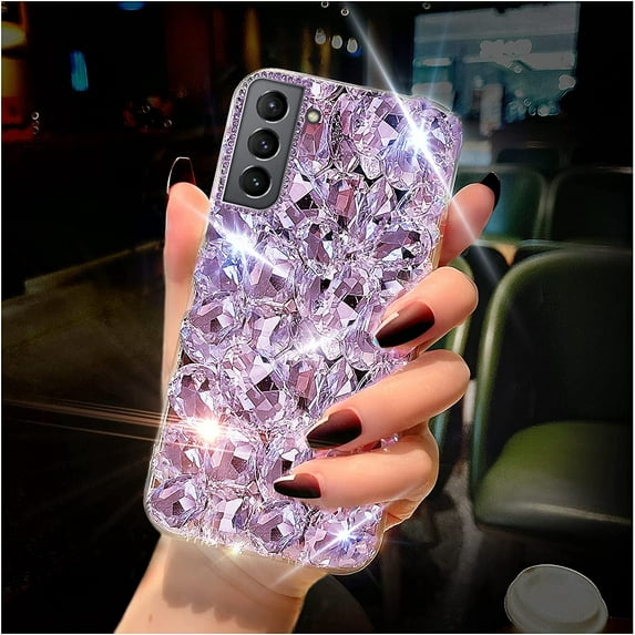 for Samsung Galaxy S21 FE Case Diamond Case for Women 3D Glitter Sparkle Bling Case Luxury Shiny Crystal Diamond Bumper Clear Gems Cute Protective Girly Case Girls Cover(Purple)