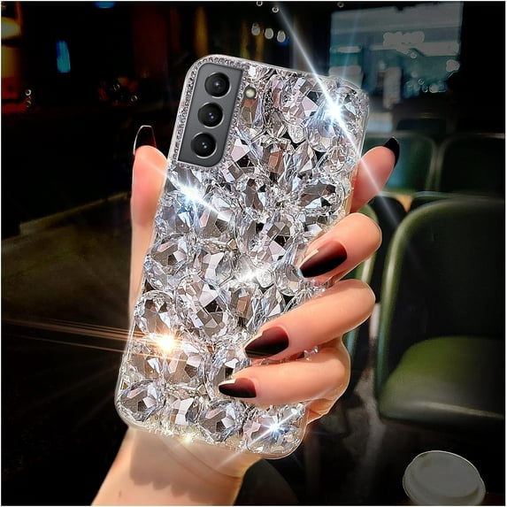 for Samsung Galaxy S21 FE Case Diamond Case for Women 3D Glitter Sparkle Bling Case Luxury Shiny Crystal Diamond Bumper Clear Gems Cute Protective Girly Case Girls Cover(Sliver)