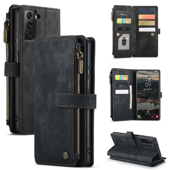 Samsung Galaxy S21 FE Case,Dteck Magnetic Wallet Case Premium Durable PU Leather Zipper Pocket Card Holder Kickstand Phone Cover for Galaxy S21 FE 5G,Black