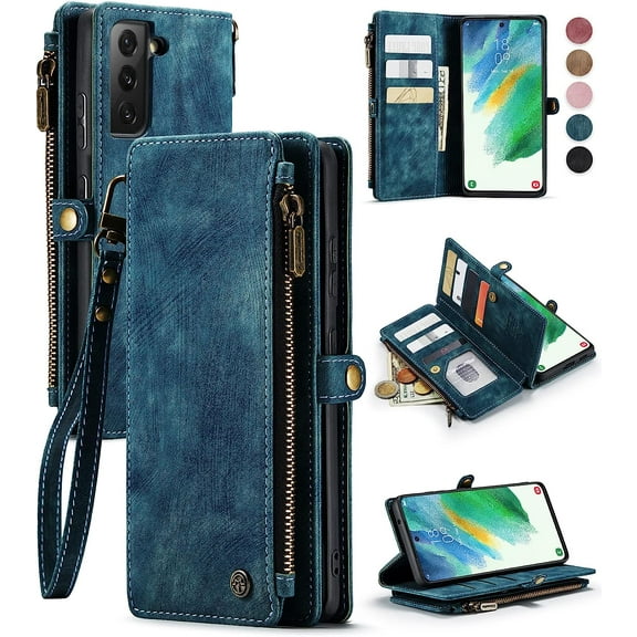 Samsung Galaxy S21 FE Case, Galaxy S21 FE 5G Case Wallet for Women Men, Durable PU Leather Magnetic Flip Lanyard Strap Wristlet Zipper Card Holder Wallet Case for Samsung S21 FE, Blue-Green
