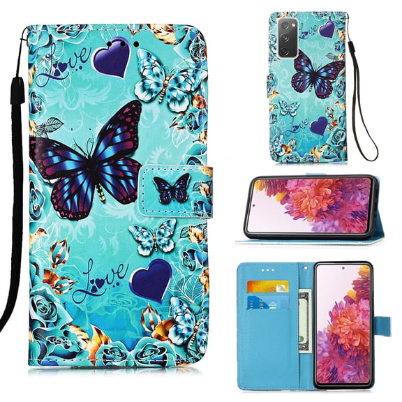 For Samsung Galaxy S21 FE Case, Mantto Patterned With Hand Rope Strap Cute Painted Flip Card Wallet Slots Case,Kickstand Phone Skin For Samsung Galaxy S21 FE 5G, Heart Butterfly