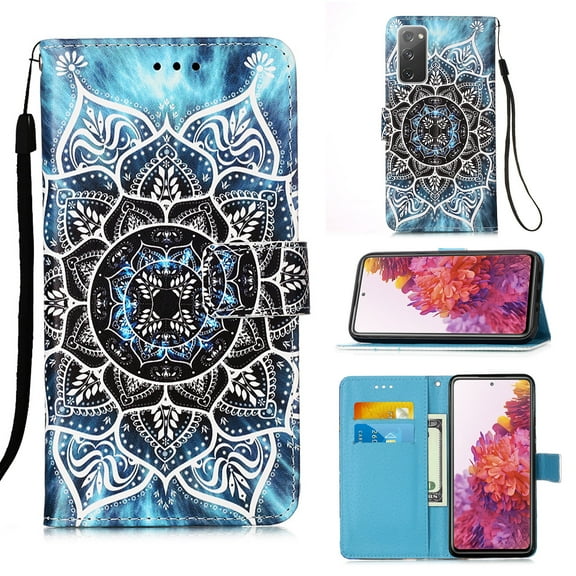 For Samsung Galaxy S21 FE Case, Mantto Patterned With Hand Rope Strap Cute Painted Flip Card Wallet Slots Case,Kickstand Phone Skin For Samsung Galaxy S21 FE 5G, Mandala