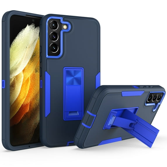 for Samsung Galaxy S21 FE Case: Military Grade Protection Shockproof Phone Cover Build-in Hidden Kickstand & Rugged TPU Shell | Matte Durable Drop Proof Heavy Duty Case,Blue+Darkblue