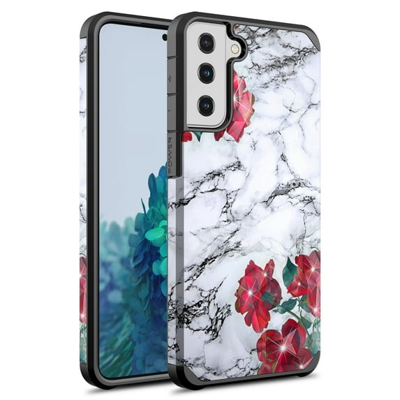 Rosebono Slim Hybrid Shockproof Hard Cover Cell Phone Case for Samsung Galaxy S21 FE, Rose Marble