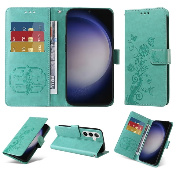 For Samsung Galaxy S21 FE Case Wallet, Stylish Flower Butterfly Embossed PU Leather Flip Cover Stand Shockproof Cards Slots Hand Wrist Phone Case for Samsung Galaxy S21 FE, Green