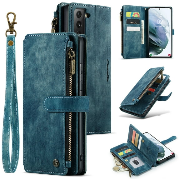 for Samsung Galaxy S21 FE Case Wallet for Women and Men, Samsung Galaxy S21 FE Case, PU Leather Magnetic Flip Strap Wristlet Zipper Card Holder Wallet Business Phone Cover for S21 FE, Blue