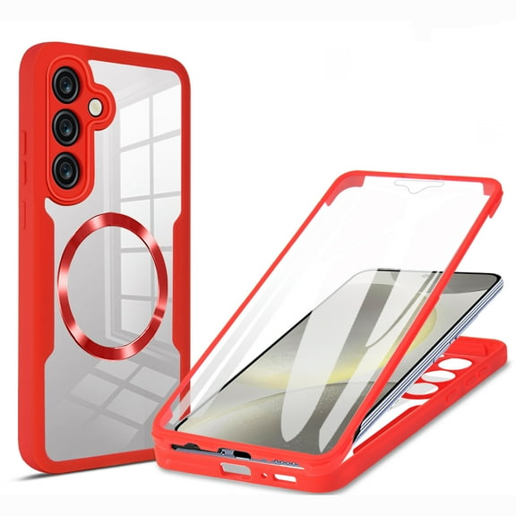 for Samsung Galaxy S21 FE Clear Case with Built-in Screen Protector Film, Compatible with Mag-Safe, Military-Grade Protection Yellowing Resistant, Slim Shockproof Magnetic Full Body Phone Case, Red