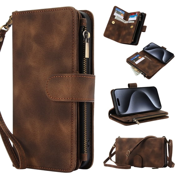 for Samsung Galaxy S21 FE Crossbody Case Wallet with Card Slots - PU Leather Case RFID Blocking Zipper Pocket Lanyard Wrist Strap Shockproof Protective Phone Cover for Galaxy S21 FE, Brown