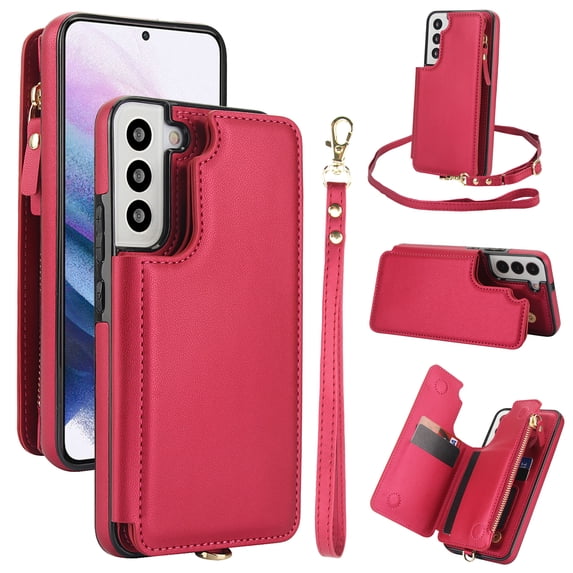 for Samsung Galaxy S21 FE Crossbody Wallet Phone Case with Card Holder&Zipper, Back Flip Folio PU Leather Kickstand Card Slots Double Magnetic Clasp Shockproof Case for Women Girls,Red