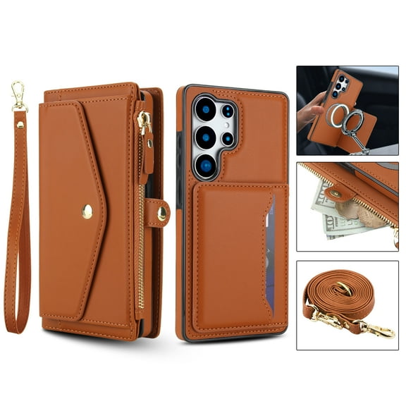 For Samsung Galaxy S21 FE Crossbody Wallet Phone Case,Magnetic Detachable Flip,With Shoulder Strap&Wrist Strap,Zipper Pocket,Card&Cash Slots,PU Leather Shockproof Rugged Phone Case,Brown
