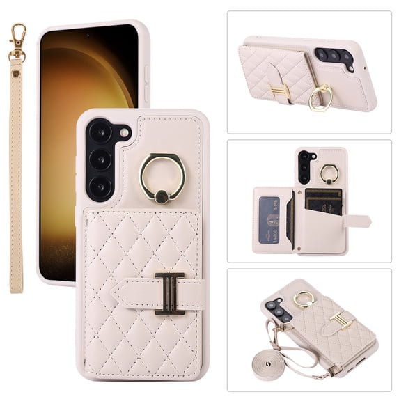 for Samsung Galaxy S21 FE Detachable Shoulder Strap Wallet Case, with Card Slots & 360-degree Rotation Stand Ring Flip Premium PU Leather Protective Cover Lanyard for Women Girls, Beige