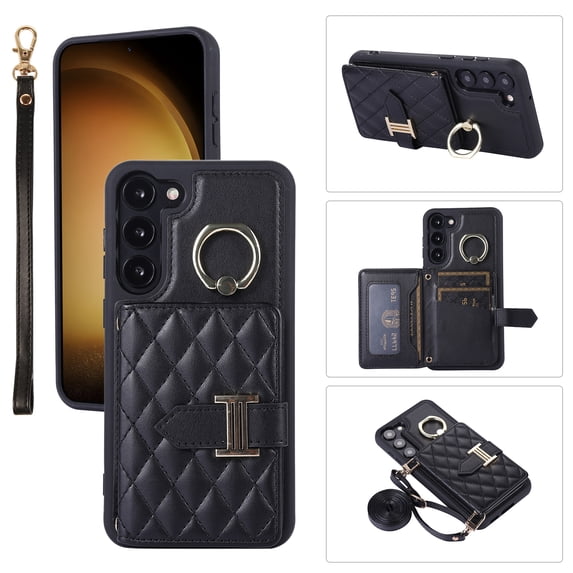 for Samsung Galaxy S21 FE Detachable Shoulder Strap Wallet Case, with Card Slots & 360-degree Rotation Stand Ring Flip Premium PU Leather Protective Cover Lanyard for Women Girls, Black