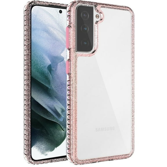 for Samsung Galaxy S21 FE /Fan Edition Crystal Clear Rugged Shockproof Hybrid PC+TPU Colorful Buttons Protection Back Cover ,Xpm Phone Case [Rose Gold Pink]