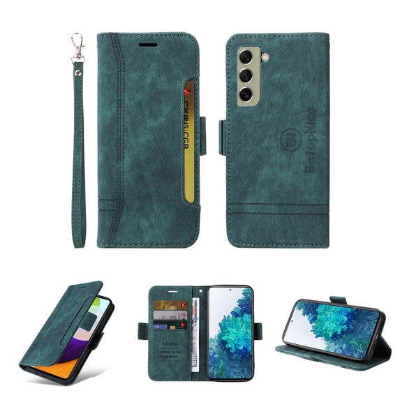 for Samsung Galaxy S21 FE Flip Case, Slide Card Pocket Premium PU Leather Folio Flip with Design Card Slots Wrist Strap Shockproof Kickstand Magnetic Protective Cover for Samsung S21 FE, Green