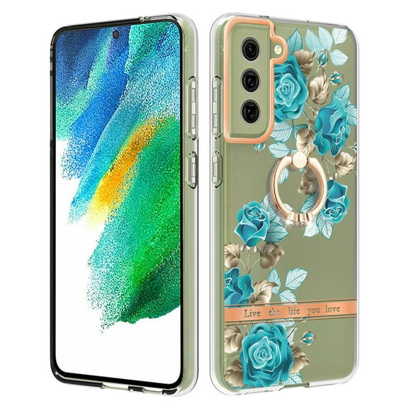 For Samsung Galaxy S21 FE Floral Case with Ring Holder Kickstand - Slim and Lightweight, Military-Grade Shockproof Protection, Women & Girls' Style Case Designed for Galaxy S21 FE, Green Flower