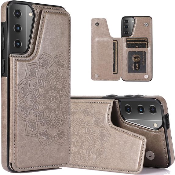 Samsung Galaxy S21 FE (NOT S21) Wallet Case,Embossed Mandala Pattern Flower Premium PU Leather Double Magnetic Buttons Flip Shockproof Protective Cover for Samsung Galaxy S21 FE SKM Gray