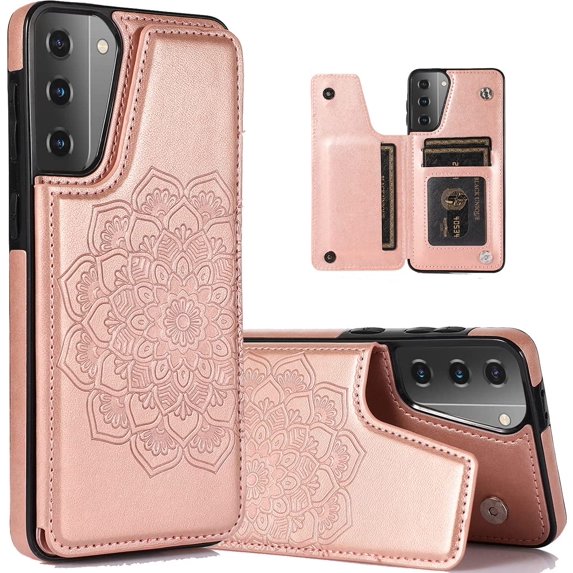 Samsung Galaxy S21 FE (NOT S21) Wallet Case,Embossed Mandala Pattern Flower Premium PU Leather Double Magnetic Buttons Flip Shockproof Protective Cover for Samsung Galaxy S21 FE SKM Rose Gold