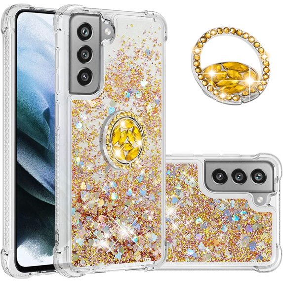 Samsung Galaxy S21 FE (Not S21) Case,Creativity Clear Quicksand Glitter Flowing Liquid Floating Soft TPU Case w/Stand Bling Diamond Sparkle Phone Cover for Samsung Galaxy S21 FE Golden