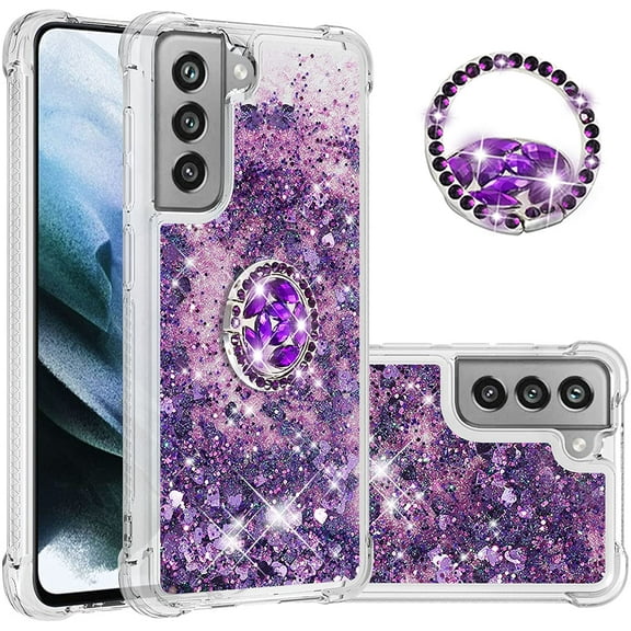 Samsung Galaxy S21 FE (Not S21) Case,Creativity Clear Quicksand Glitter Flowing Liquid Floating Soft TPU Case w/Stand Bling Diamond Sparkle Phone Cover for Samsung Galaxy S21 FE Purple