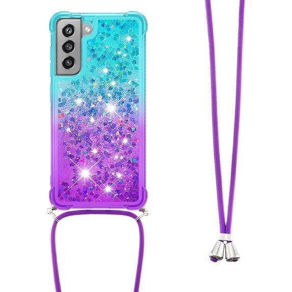 Samsung Galaxy S21 FE (Not S21) Case,Strap Crossbody Gradient Quicksand Bling Sparkle Flowing Liquid Floating with Neck Cord Lanyard Strap Cover for Samsung Galaxy S21 FE LSGS Bluish Violet
