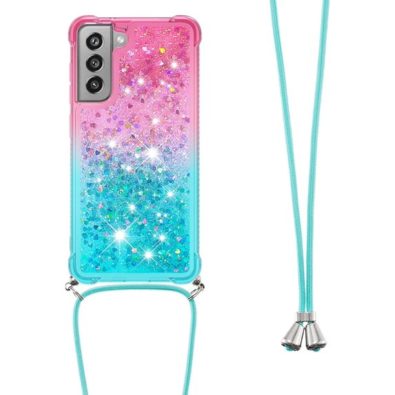 Samsung Galaxy S21 FE (Not S21) Case,Strap Crossbody Gradient Quicksand Bling Sparkle Flowing Liquid Floating with Neck Cord Lanyard Strap Cover for Samsung Galaxy S21 FE LSGS Powder Blue