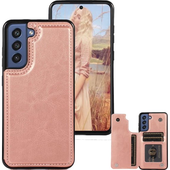 for Samsung Galaxy S21 FE (Not S21) Wallet Case with Card Holder, Minimalist Luxury PU Leather Magnetic Closure Kickstand Slim Hard Protective Case Cover for Samsung Galaxy S21 FE Rose Gold-SK