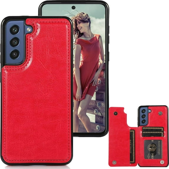 for Samsung Galaxy S21 FE (Not S21) Wallet Case with Card Holder, Minimalist Luxury PU Leather Magnetic Closure Kickstand Slim Hard Protective Case Cover for Samsung Galaxy S21 FE Gules-SK