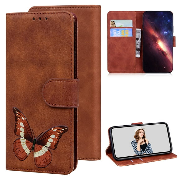 for Samsung Galaxy S21 FE PU Leather Case, Full Body Protective Flip Wallet Case with Card Slot & Kickstand, Butterfly Design for Women for Girls Suitable for Samsung Galaxy S21 FE 6.4 Inch,Brown