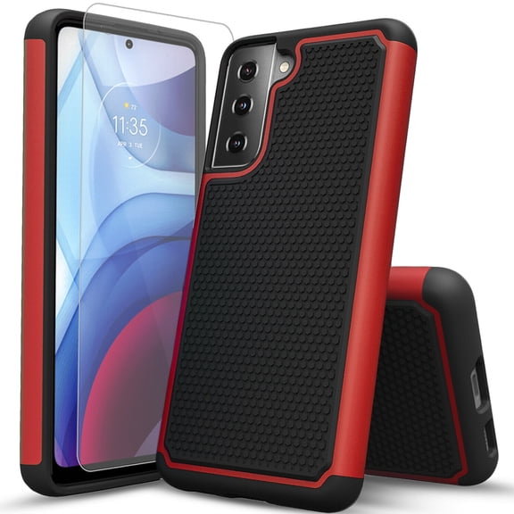Samsung Galaxy S21 FE Phone Case, [NOT FIT FOR GALAXY S20 FE] Military Grade 6 Feet Drop Test Protection Dual Layer Cover with [Temerped Glass Screen Protector]-Red
