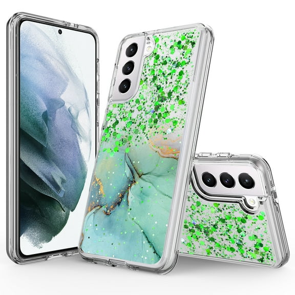 Samsung Galaxy S21 FE Phone Case, Rosebono Hybrid Bling Glitter Sparkle Epoxy Graphic Marble Colorful Silicone Skin Cover Armor Case for Samsung Galaxy S21 FE (Green)